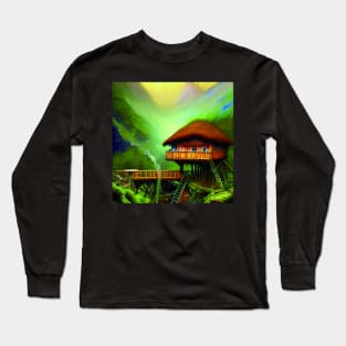 Digital Painting of a Beautiful Colorful Cottage Tree house In a Greenery Outside Long Sleeve T-Shirt